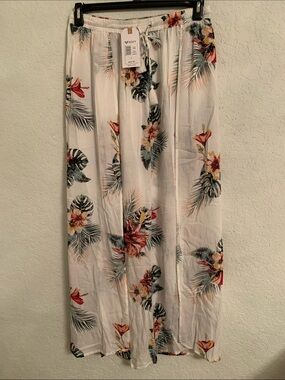 NWT Roxy White Maxi Skirt Two Sides Split Tropical Floral Print Size L